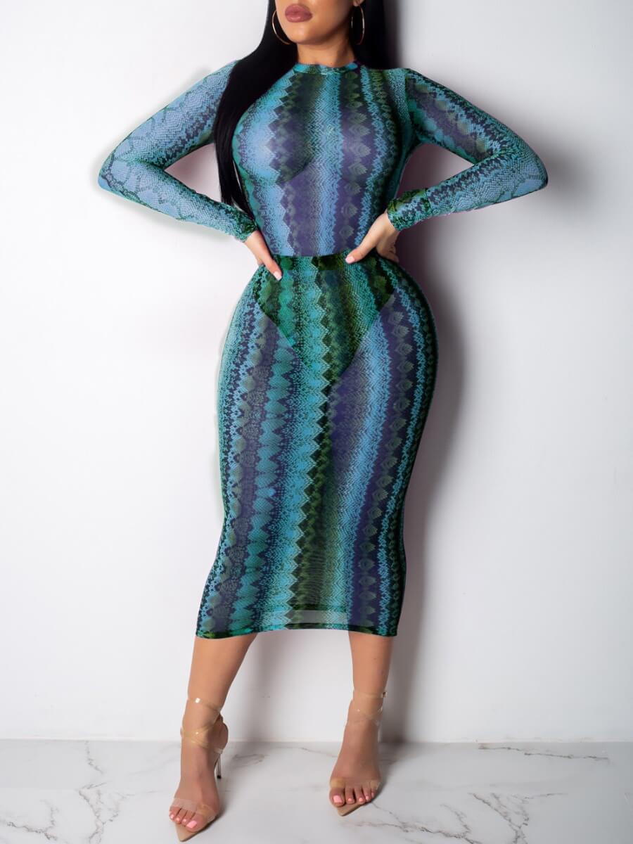 

Lovely Stylish O Neck Striped Print Blue Mid Calf Dress