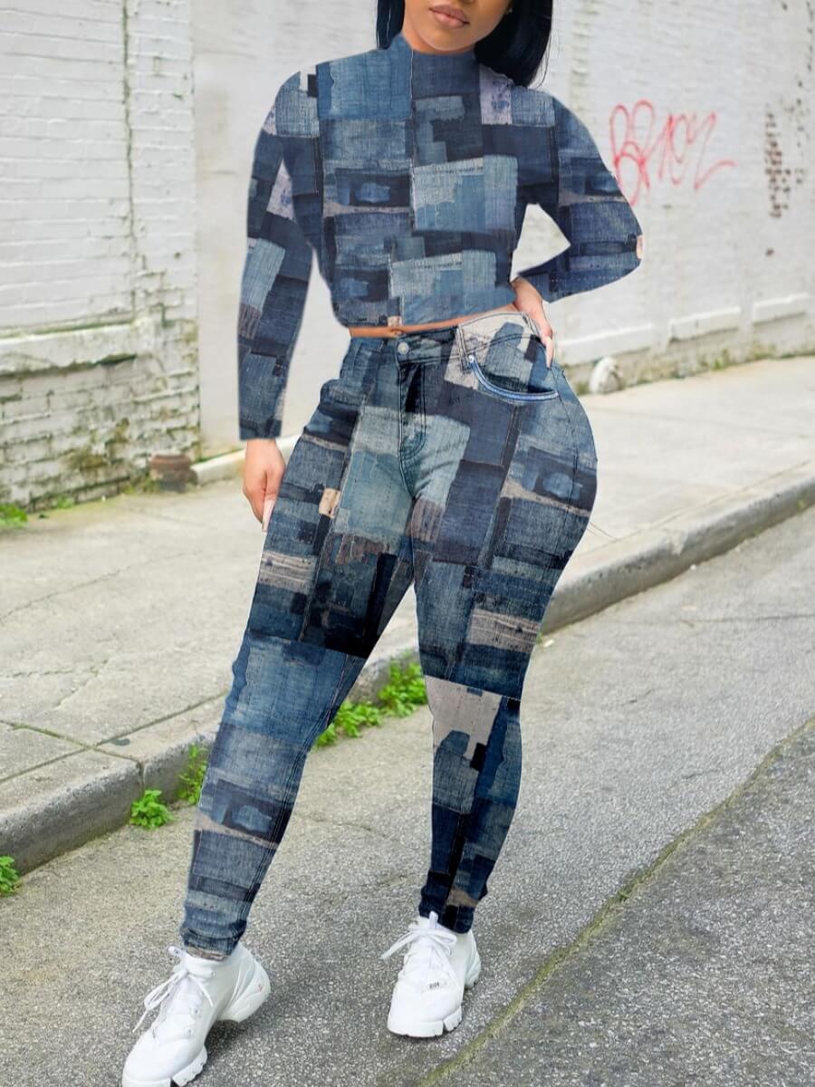 

Lovely Casual Turtleneck Print Deep Blue Two Piece Pants Set