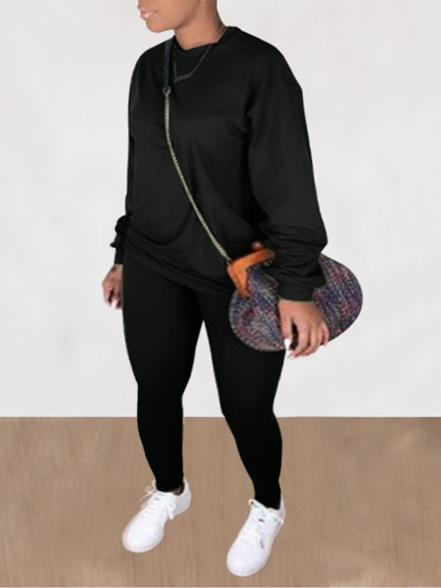 

Lovely Casual O Neck Long Sleeve Black Plus Size Two-piece Pants Set(Without Bag