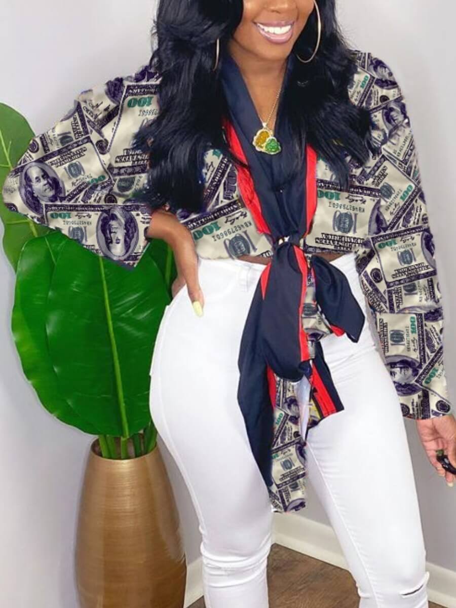 

Lovely Stylish Bandage Design Money Print Patchwork Blue Blouse