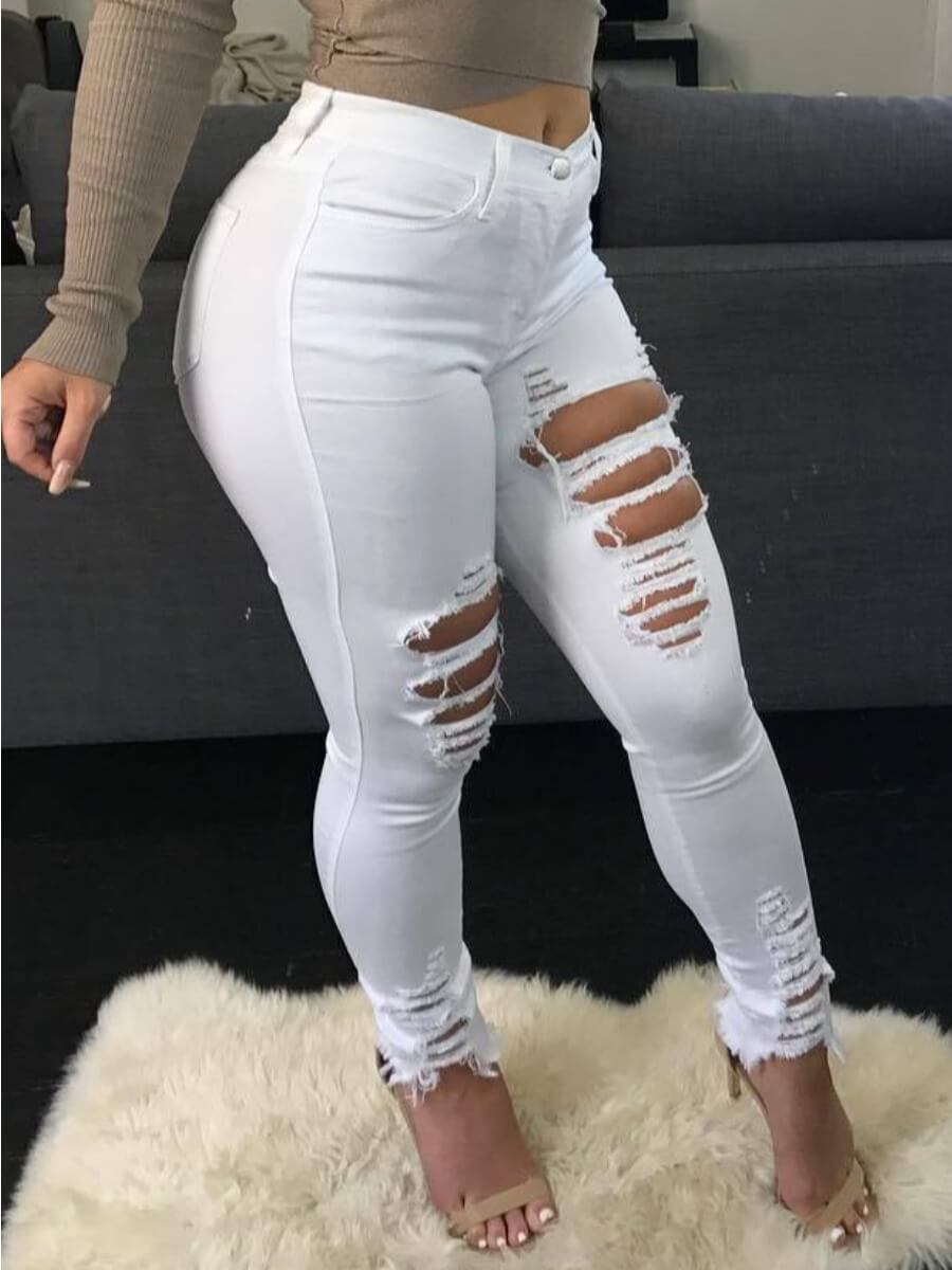

Lovely Sexy Hollow-out Skinny White Plus Size Jeans