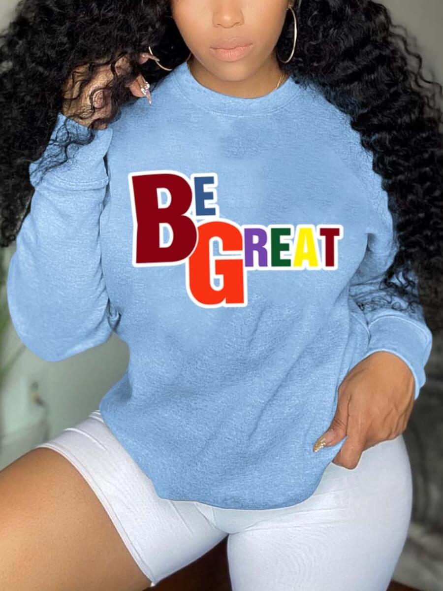 

Lovely Casual O Neck Letter Print Baby Blue Hoodie