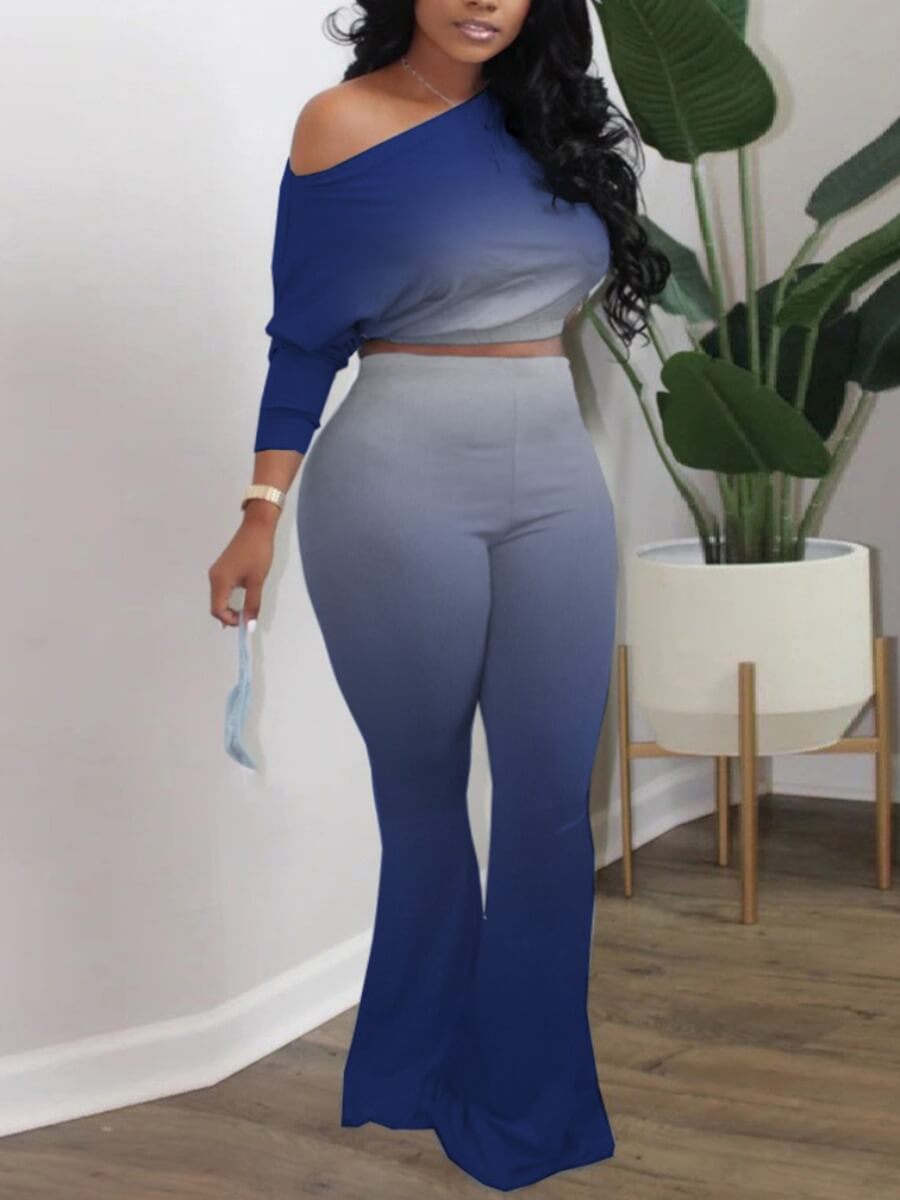 

Lovely Casual Flare Gradient Blue Plus Size Two-piece Pants Set