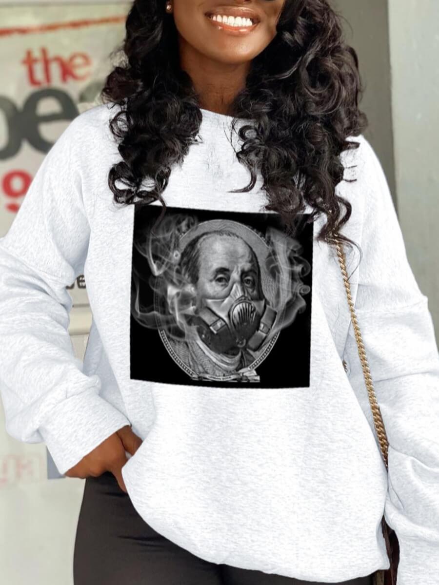 

Lovely Street O Neck Portrait Print Patchwork White Hoodie