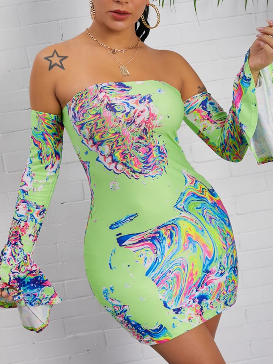 

Lovely Stylish Dew Shoulder Print Green Mini Dress