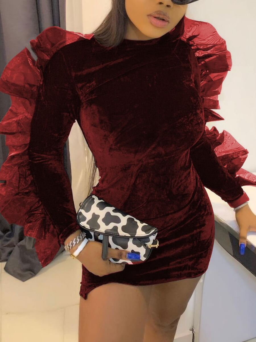 

Lovely Trendy O Neck Patchwork Red Mini Dress