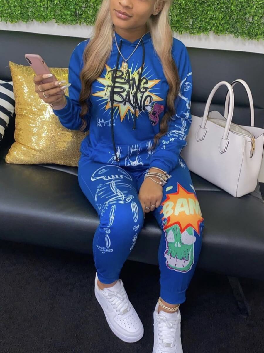 

Lovely Street Hooded Collar Letter Print Patchwork Blue Two Piece Pants Set