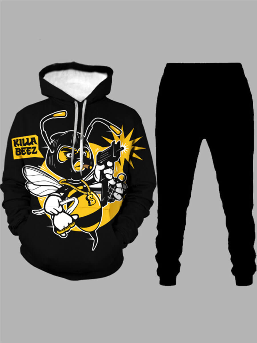 

LW Men Hooded Collar Print Pants Set, Black
