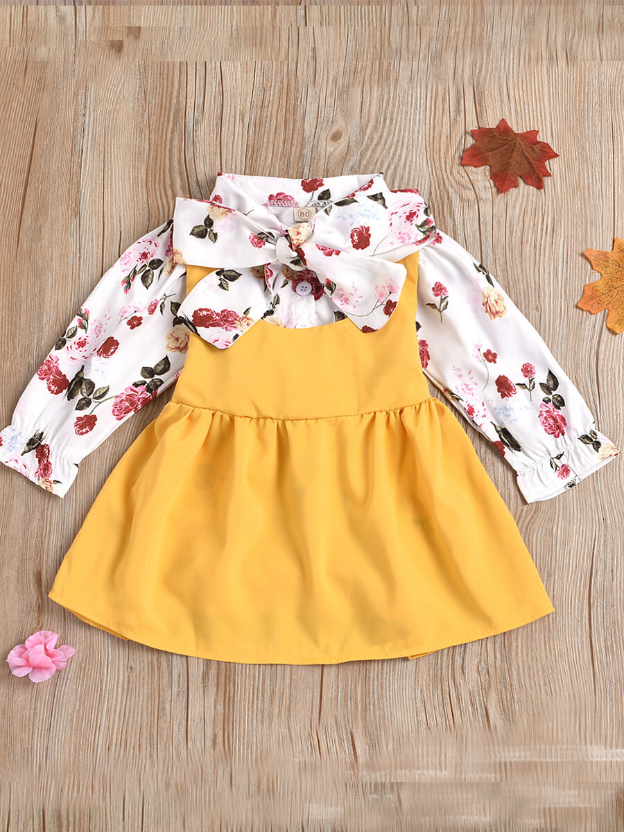 

Lovely Sweet Shirt Collar Plants Print Yellow Girl Two-piece Skirt Set