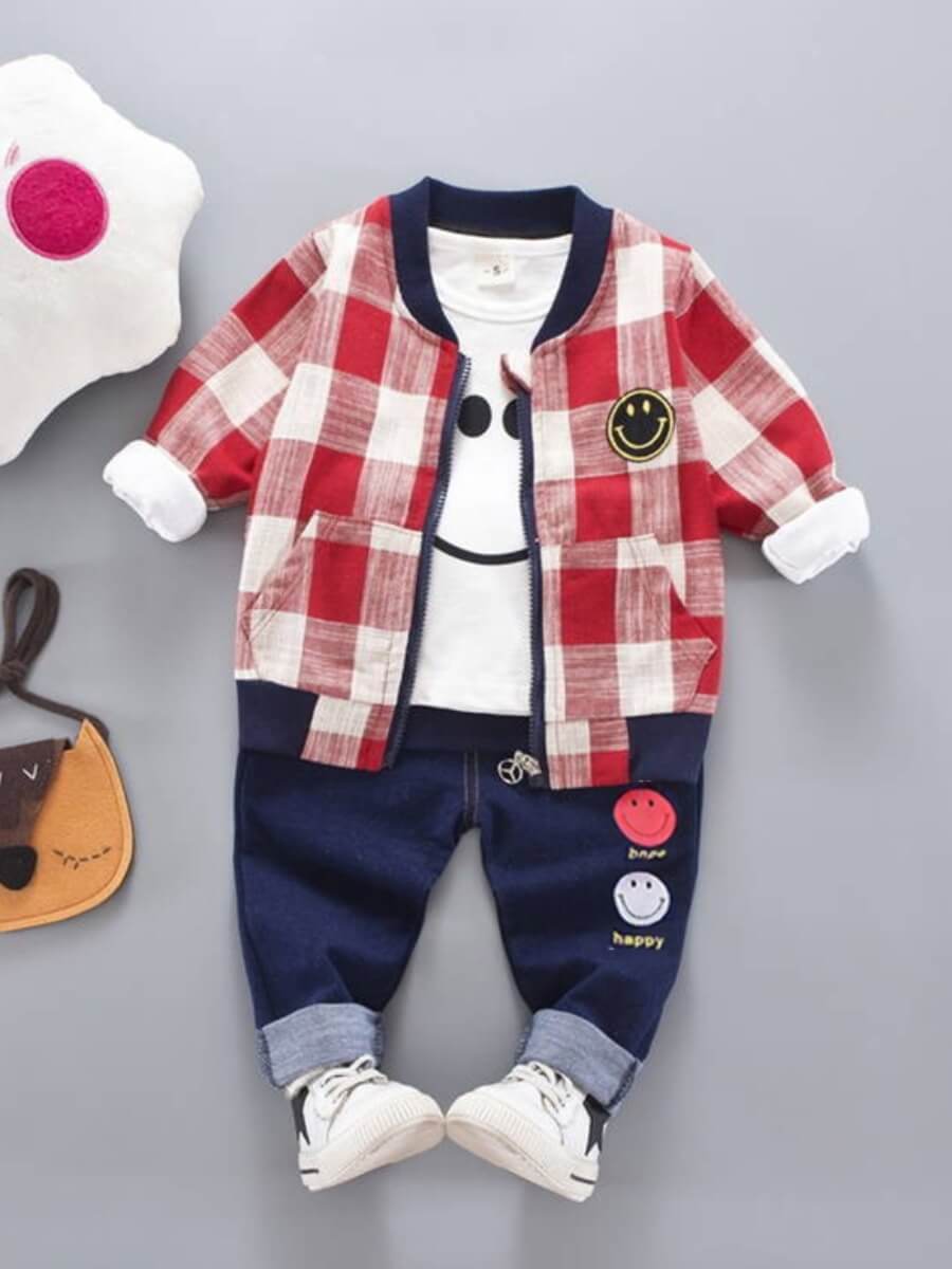 

Lovely Street Mandarin Collar Grid Print Red Boy Two-piece Pants Set