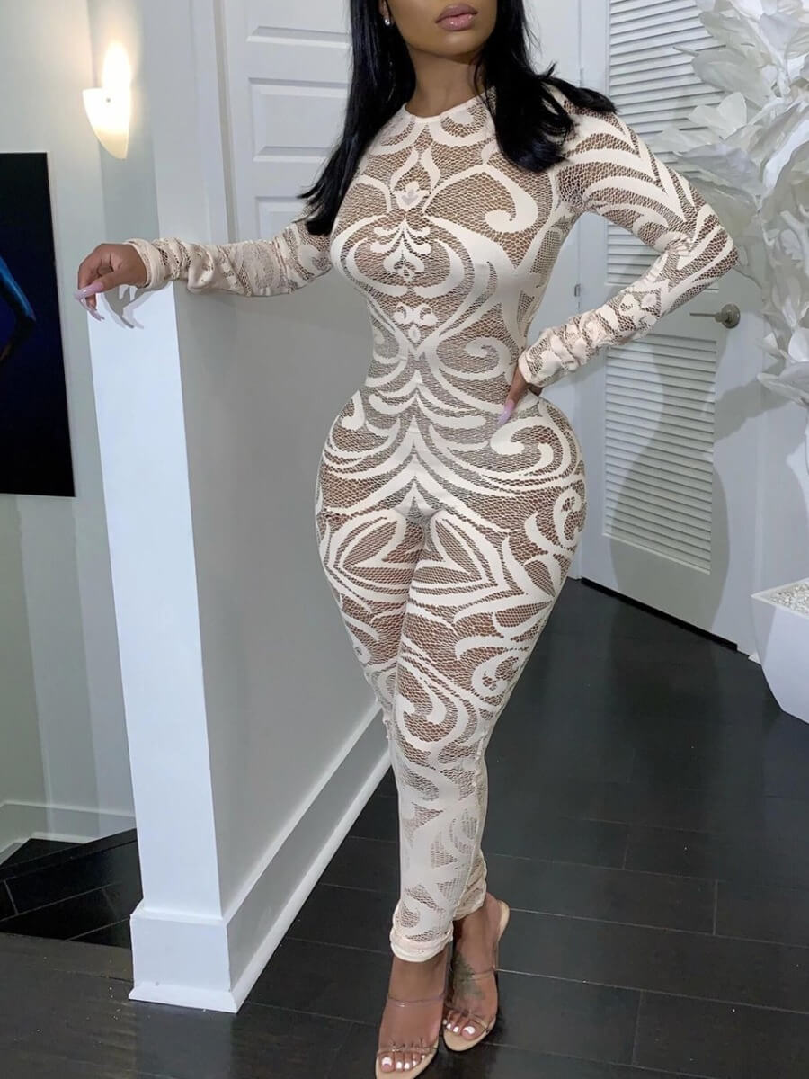 

Lovely Sexy Geometric Print See-through White One-piece Jumpsuit