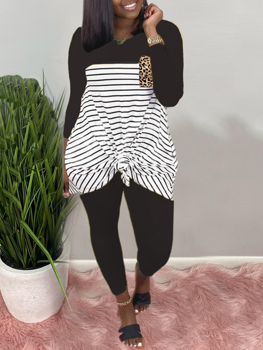 

Lovely Casual O Neck Striped Black Two Piece Pants Set