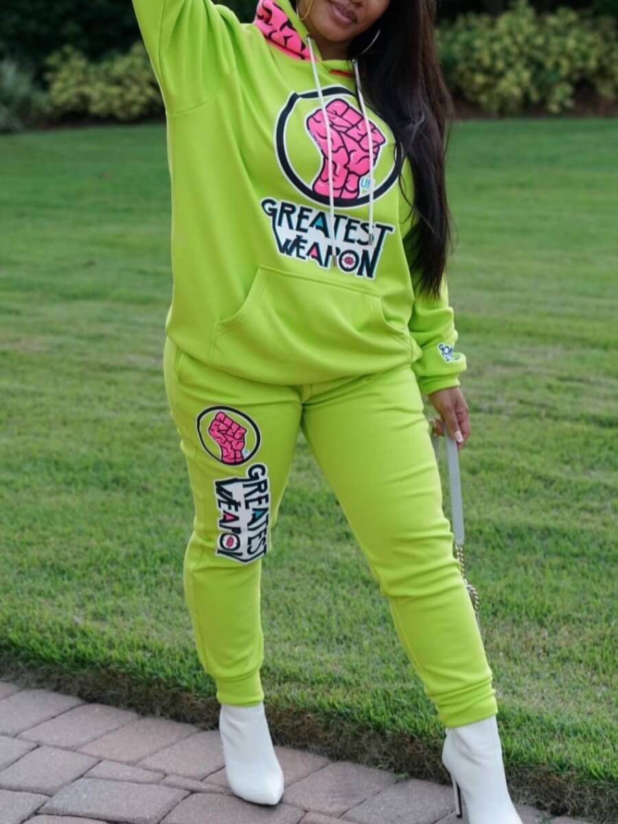 

Lovely Street Letter Print Green Two Piece Pants Set