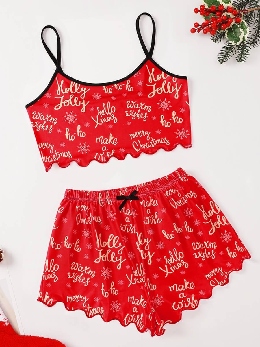 

Lovely Spaghetti Strap Letter Print Red Sleepwear