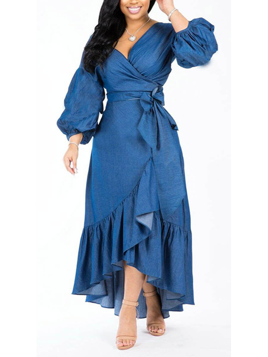 

Lovely Stylish Deep V Neck Flounce Design Asymmetrical Deep Blue Maxi Denim Dress