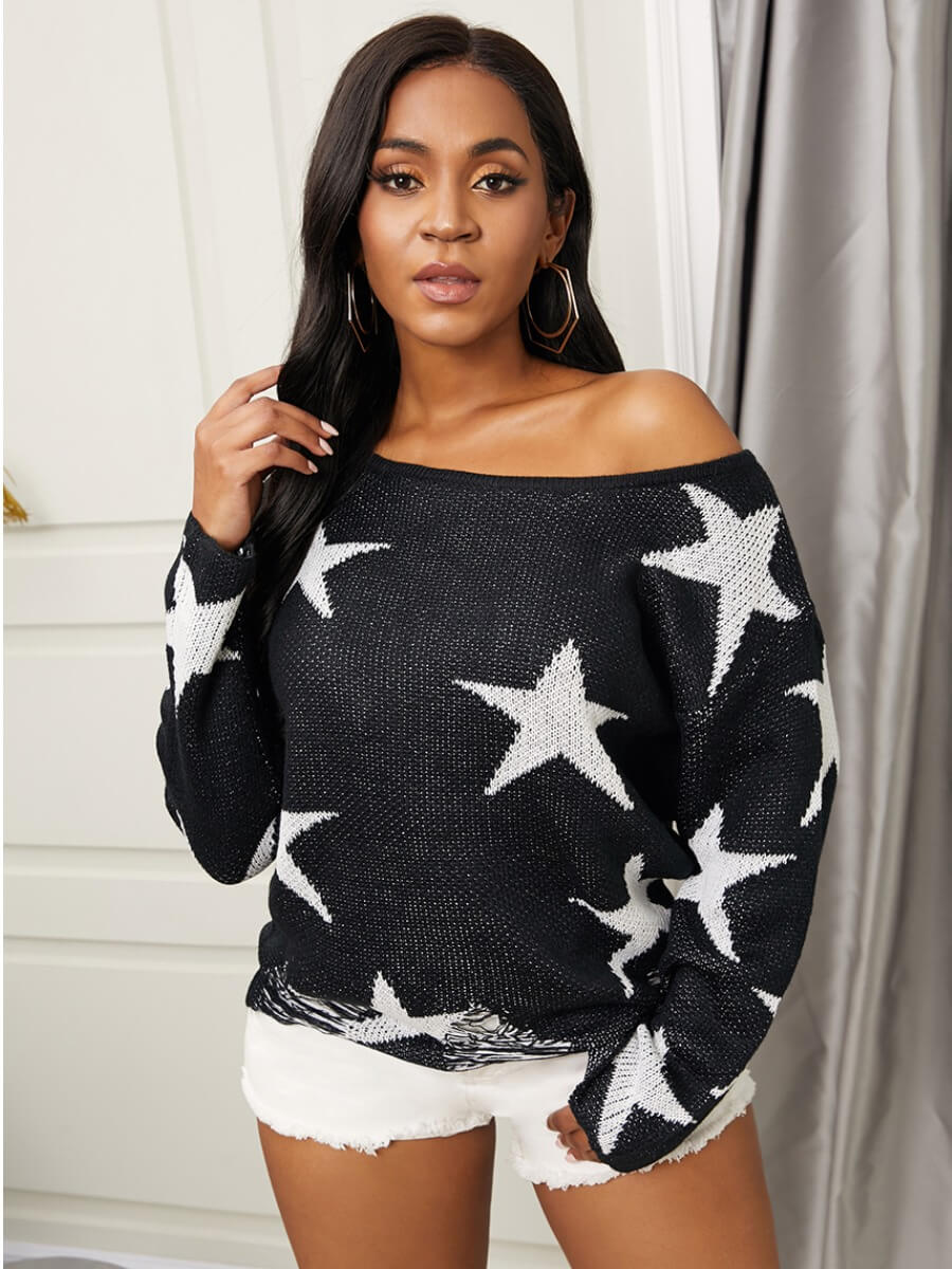 

Lovely Sweet Pentagram Print Loose Black Sweater