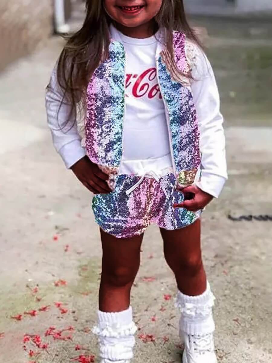 

Lovely Girl Stylish O Neck Patchwork Sequined White Two-piece Shorts Set