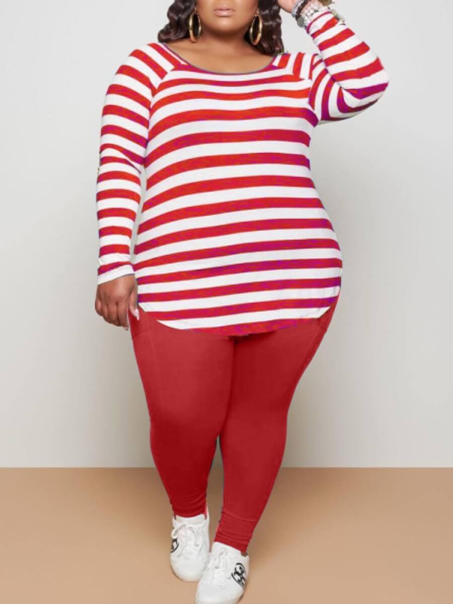 

Lovely Casual O Neck Striped Red Plus Size Two-piece Pants Set