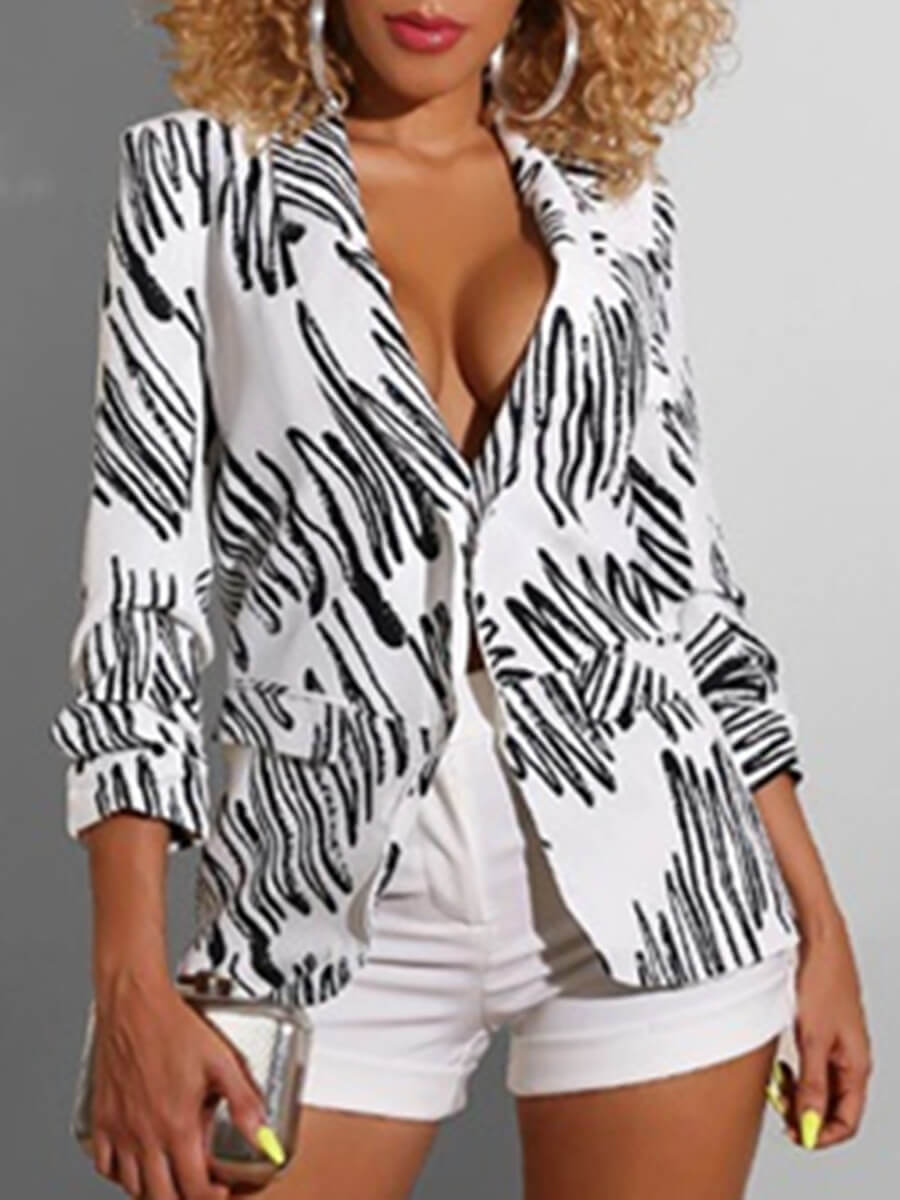 

Lovely Trendy Turndown Collar Striped Print White Blazer
