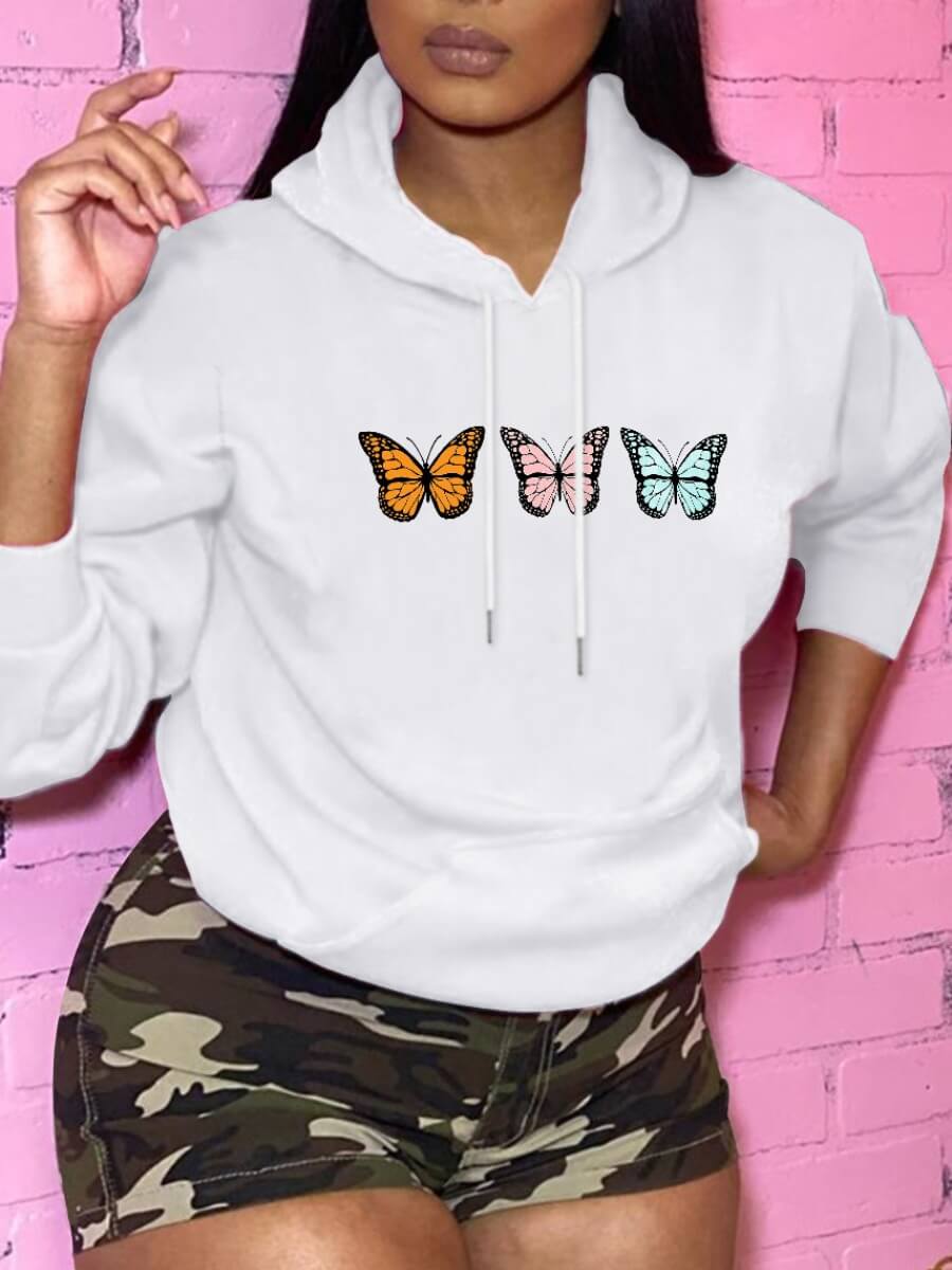 

Lovely Casual Hooded Collar Butterfly Print White Hoodie