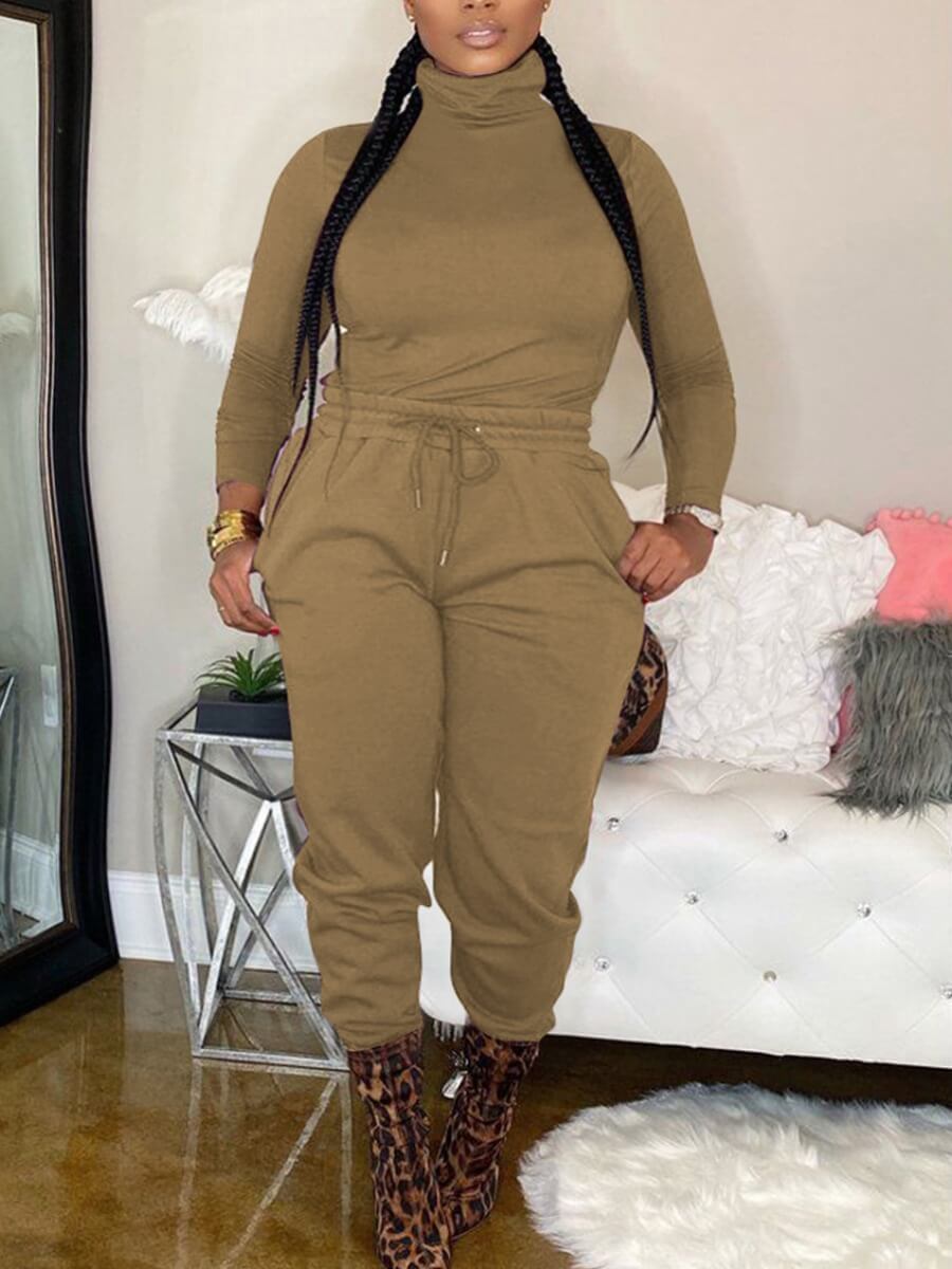 

Lovely Casual Turtleneck Drawstring Khaki Two Piece Pants Set