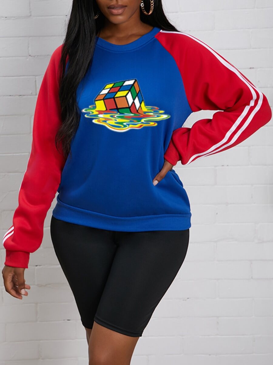 

Lovely Casual Geometric Print Stitching Blue Hoodie