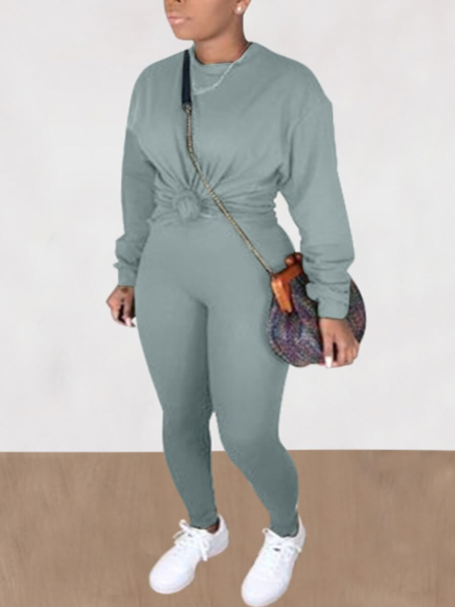 

Lovely Casual O Neck Basic Skinny Grey Two Piece Pants Set