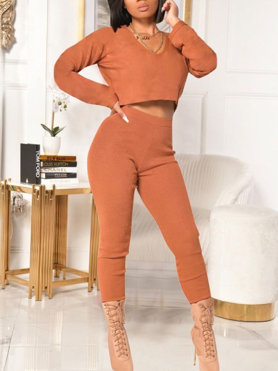 

Lovely Casual V Neck Long Sleeve Brown Two Piece Pants Set