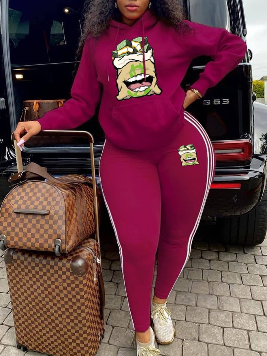 

Lovely Sportswear Hooded Collar Print Wine Red Plus Size Two-piece Pants Set