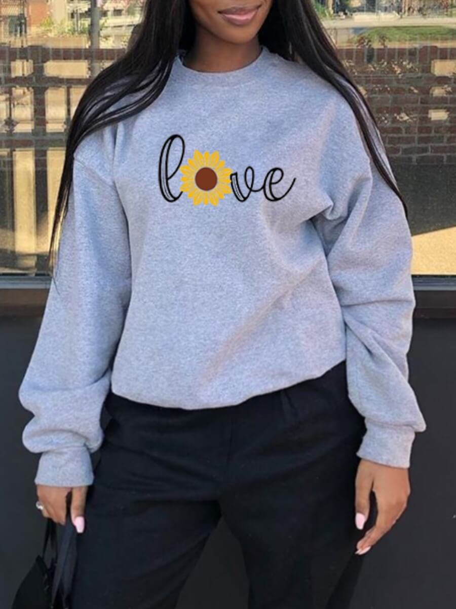 

Lovely Casual O Neck Print Grey Plus Size Hoodie