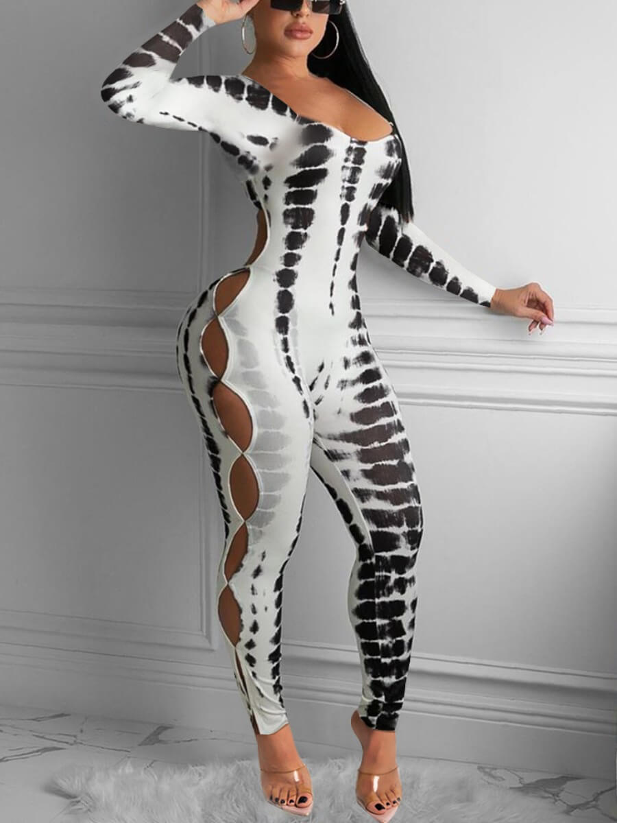 

Lovely Sexy Print Hollow-out White One-piece Jumpsuit