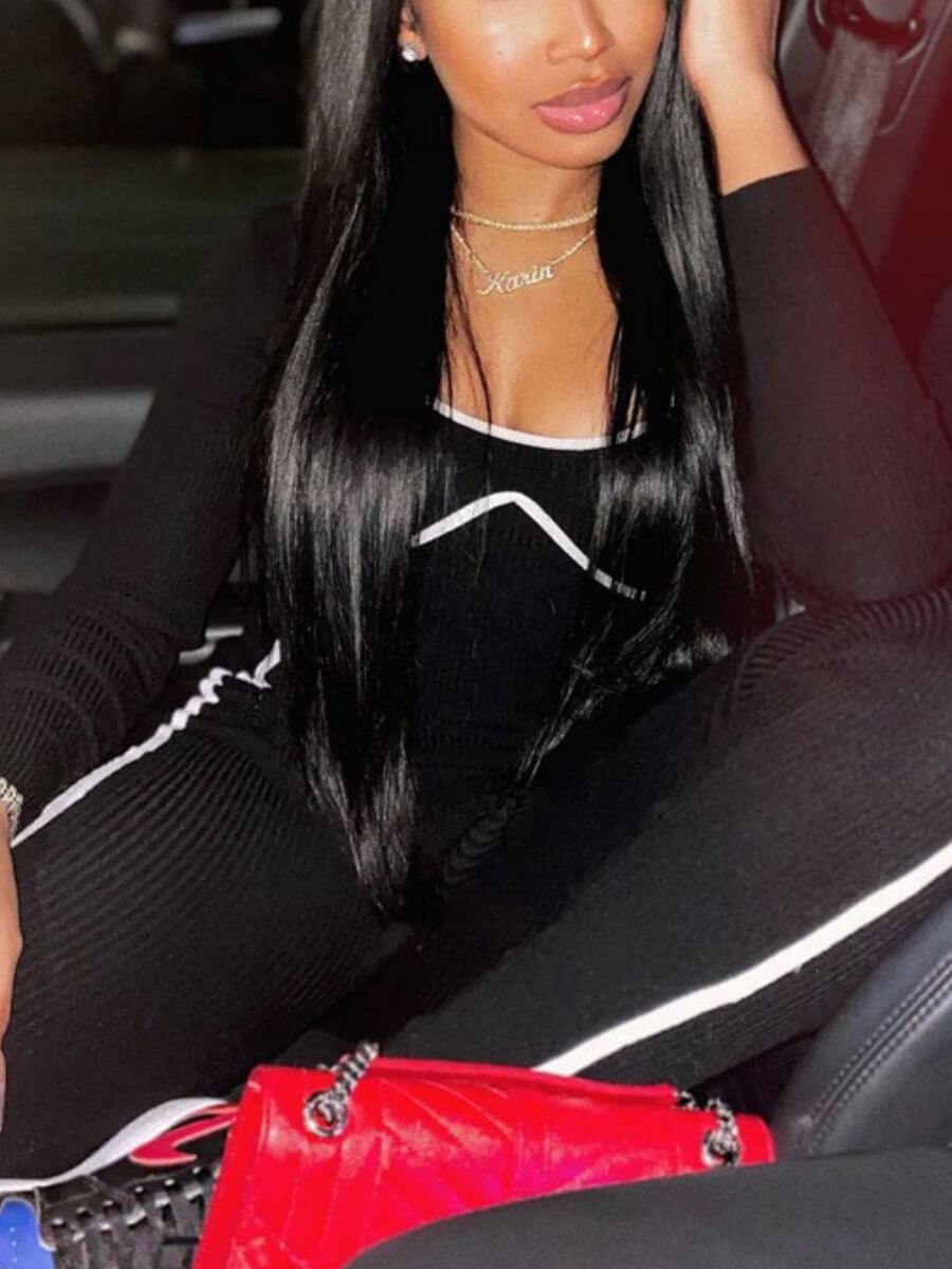 

Lovely Sportswear U Neck Patchwork Black One-piece Jumpsuit