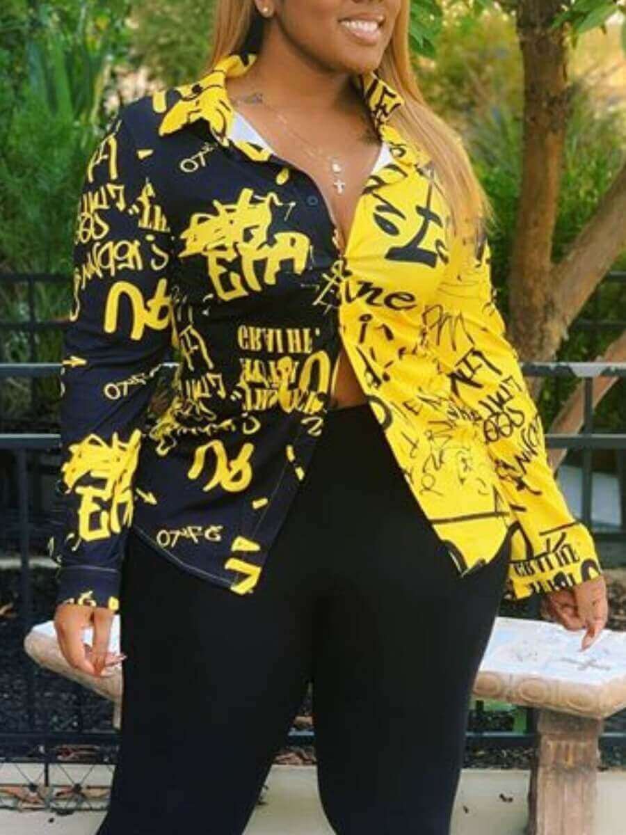 

Lovely Trendy Turndown Collar Letter Print Patchwork Yellow Plus Size Coat