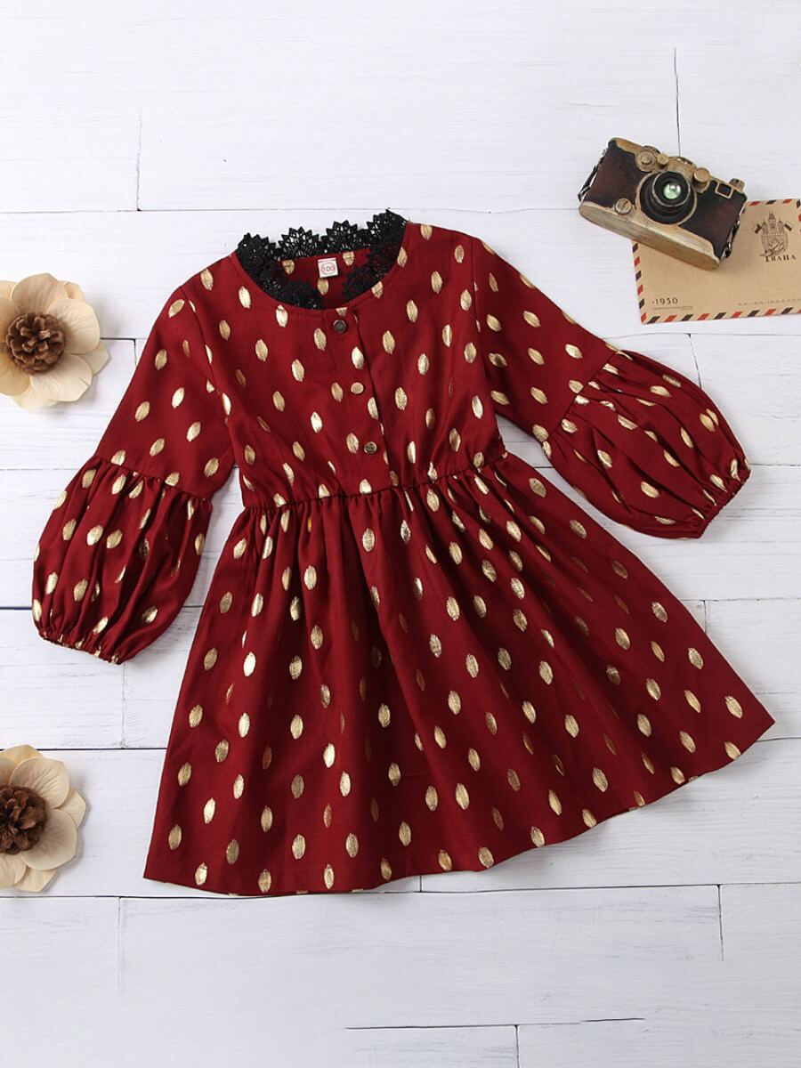 

Lovely Sweet O Neck Floral Print Dull Red Girl Knee Length Dress