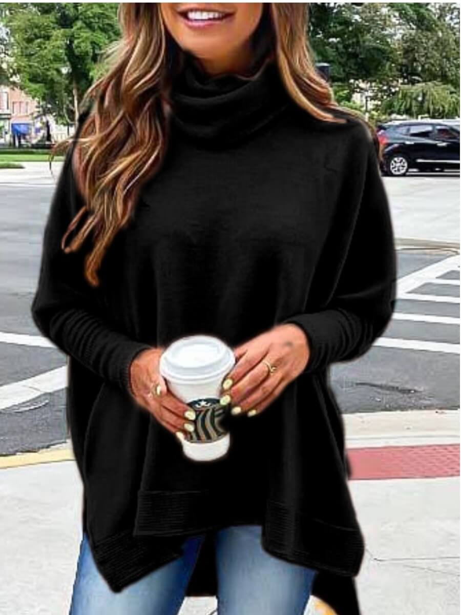 

Lovely Casual Turtleneck Asymmetrical Loose Black Sweater