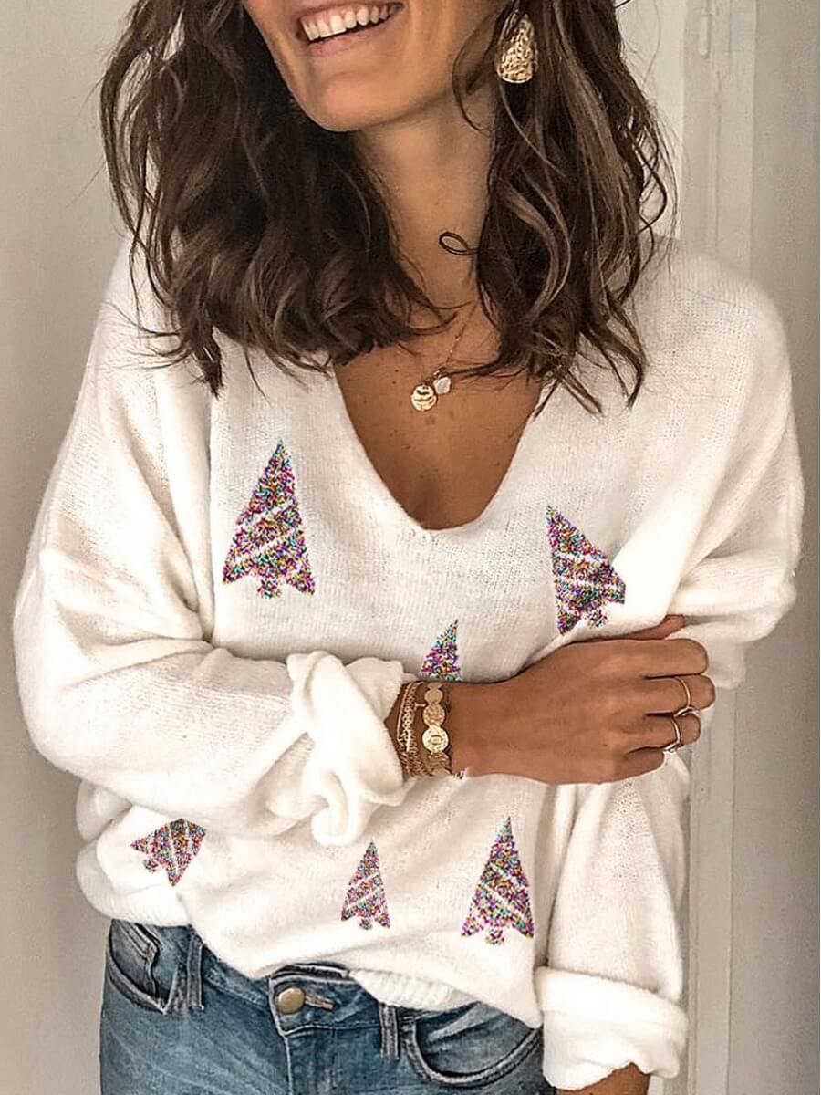 

Lovely Casual Christmas Day V Neck White Sweater