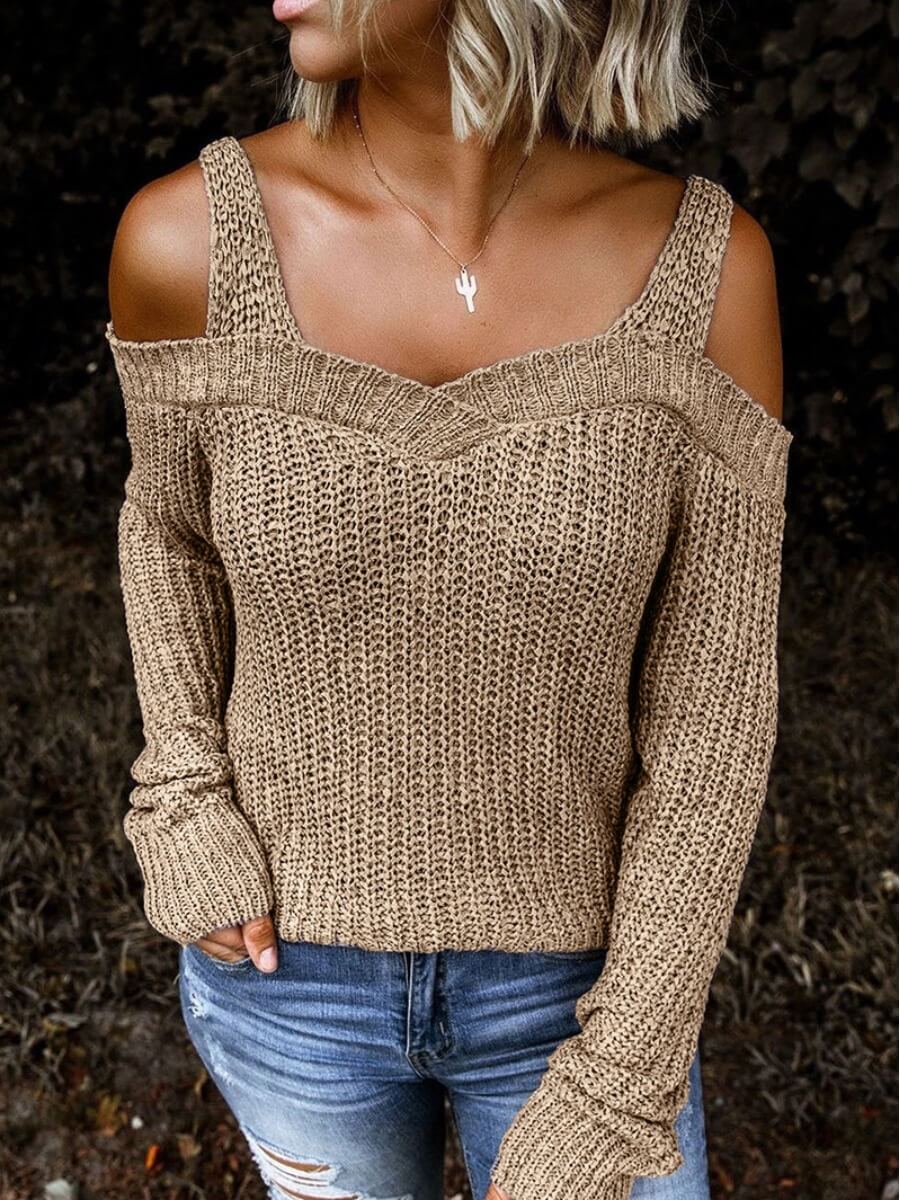 

Lovely Casual Dew Shoulder Khaki Sweater