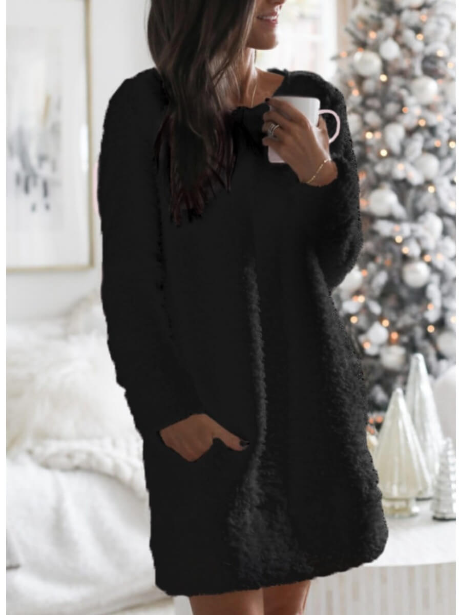 

Lovely Casual O Neck Pocket Patched Black Mini Dress