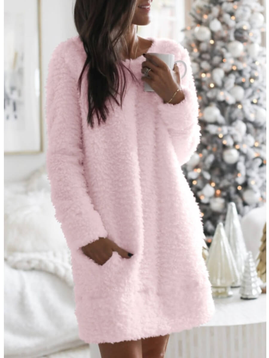 

Lovely Casual O Neck Pocket Patched Pink Mini Dress