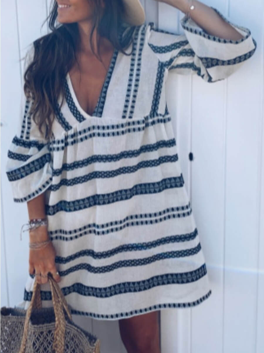 

Lovely Casual V Neck Striped White Mini Dress