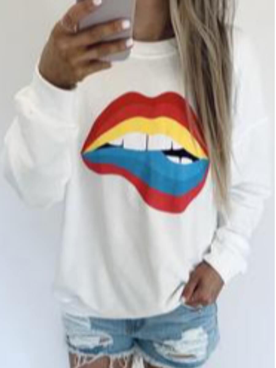 

Lovely Casual O Neck Lip Print White Sweatshirt