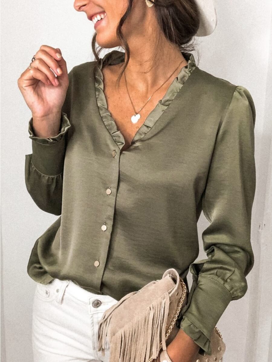 

LW Formal V Neck Buttons Design Green Blouse