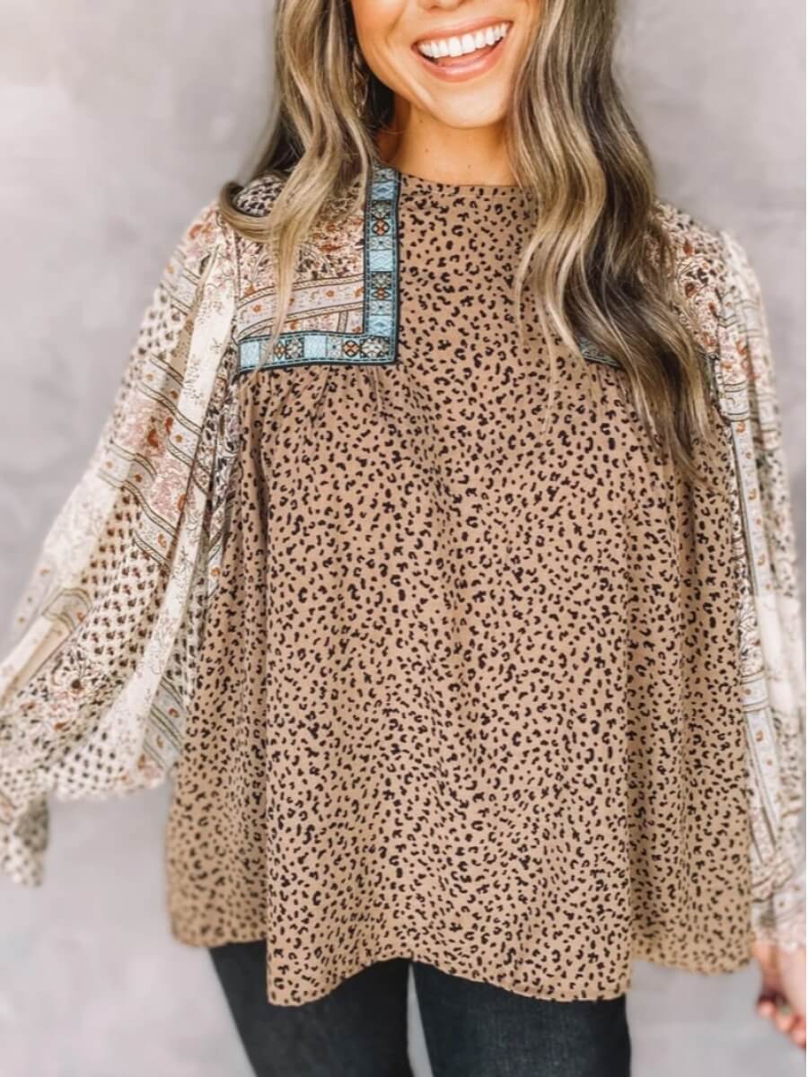 LW Chic O Neck Leopard Print Patchwork Light Camel Blouse