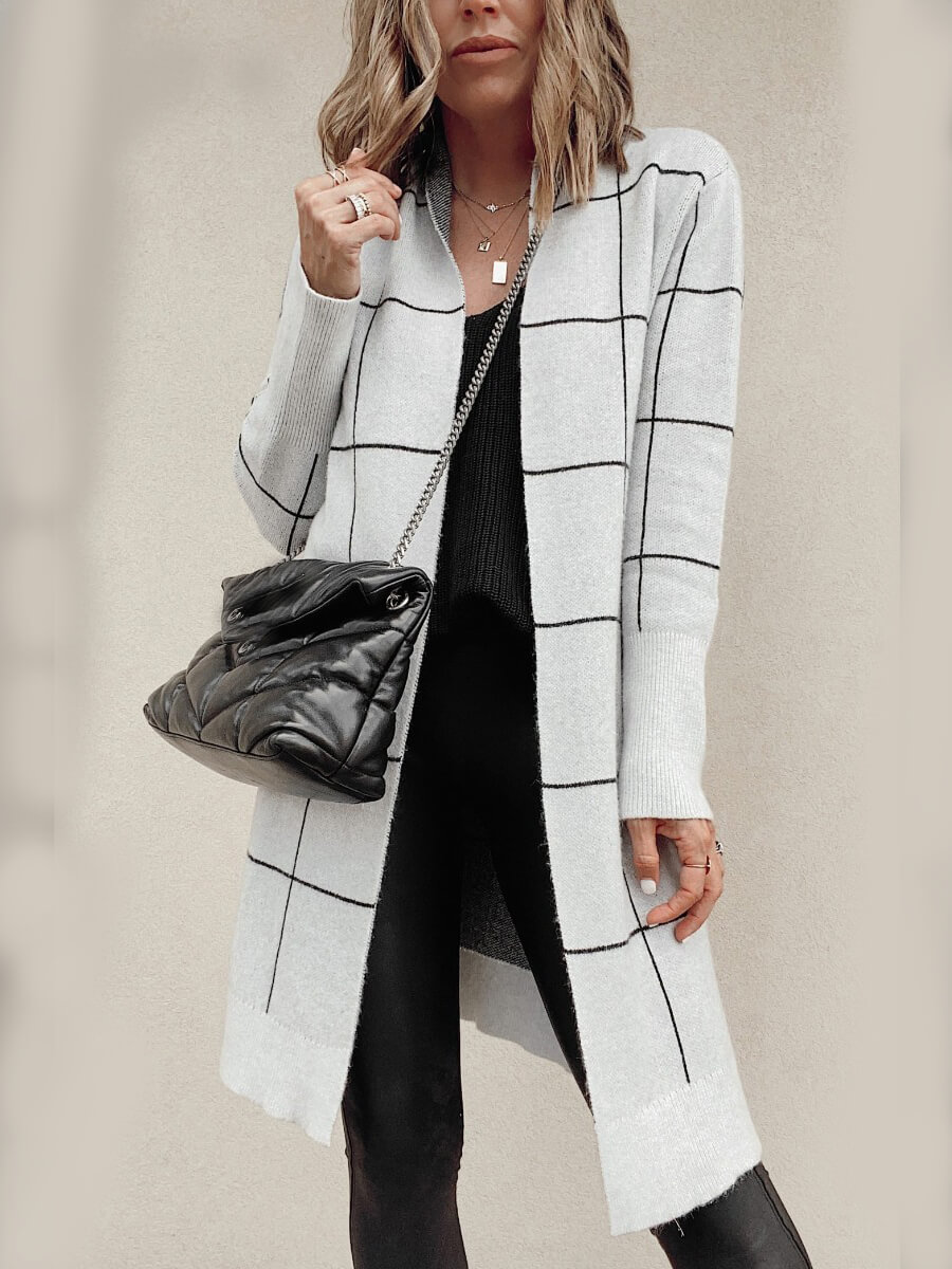 

Lovely Street Turndown Collar Grid Print Grey Cardigan