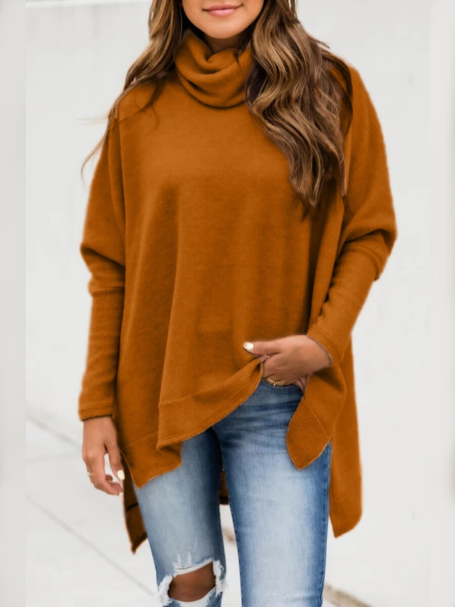 

Lovely Casual Turtleneck Asymmetrical Loose Caramel Color Sweater