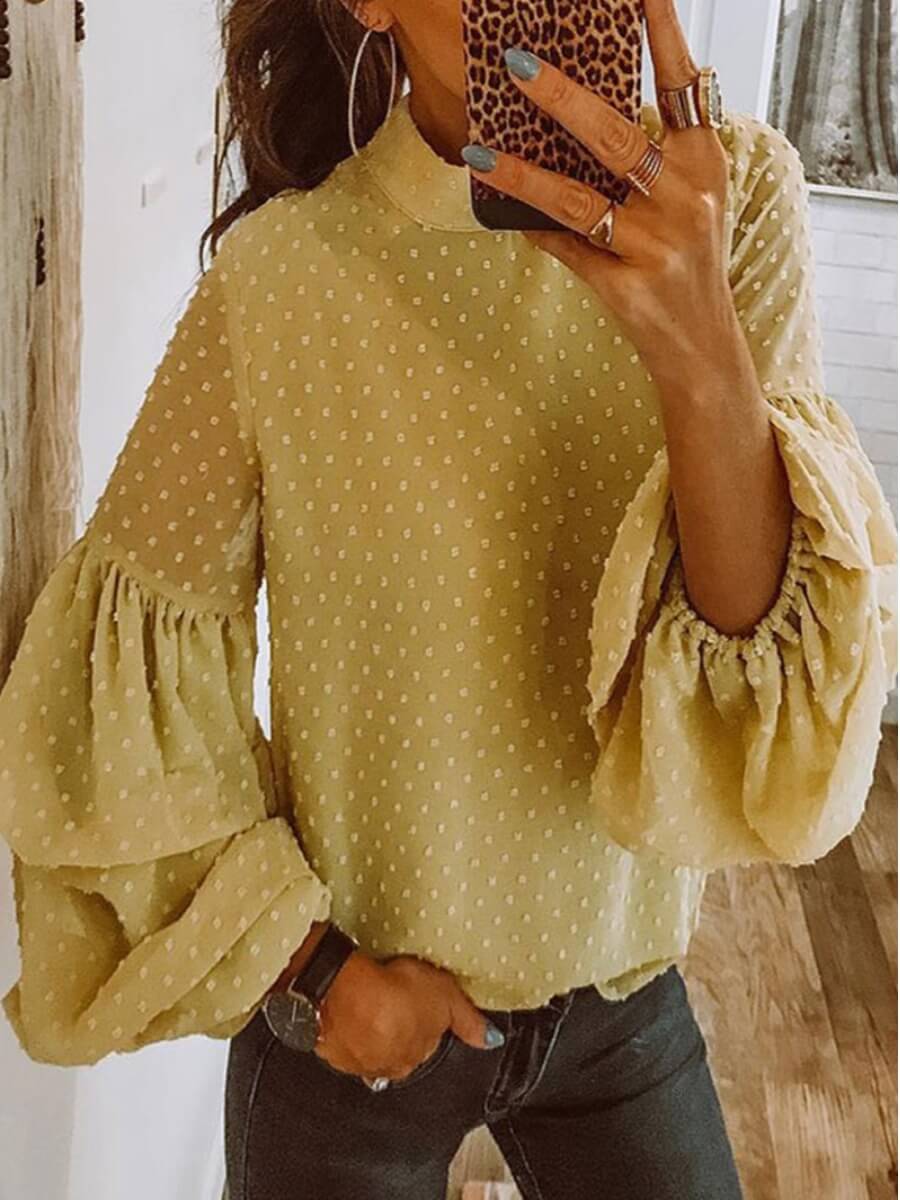 

Lovely Chic Puffed Sleeve Dot Print Yellow Blouse