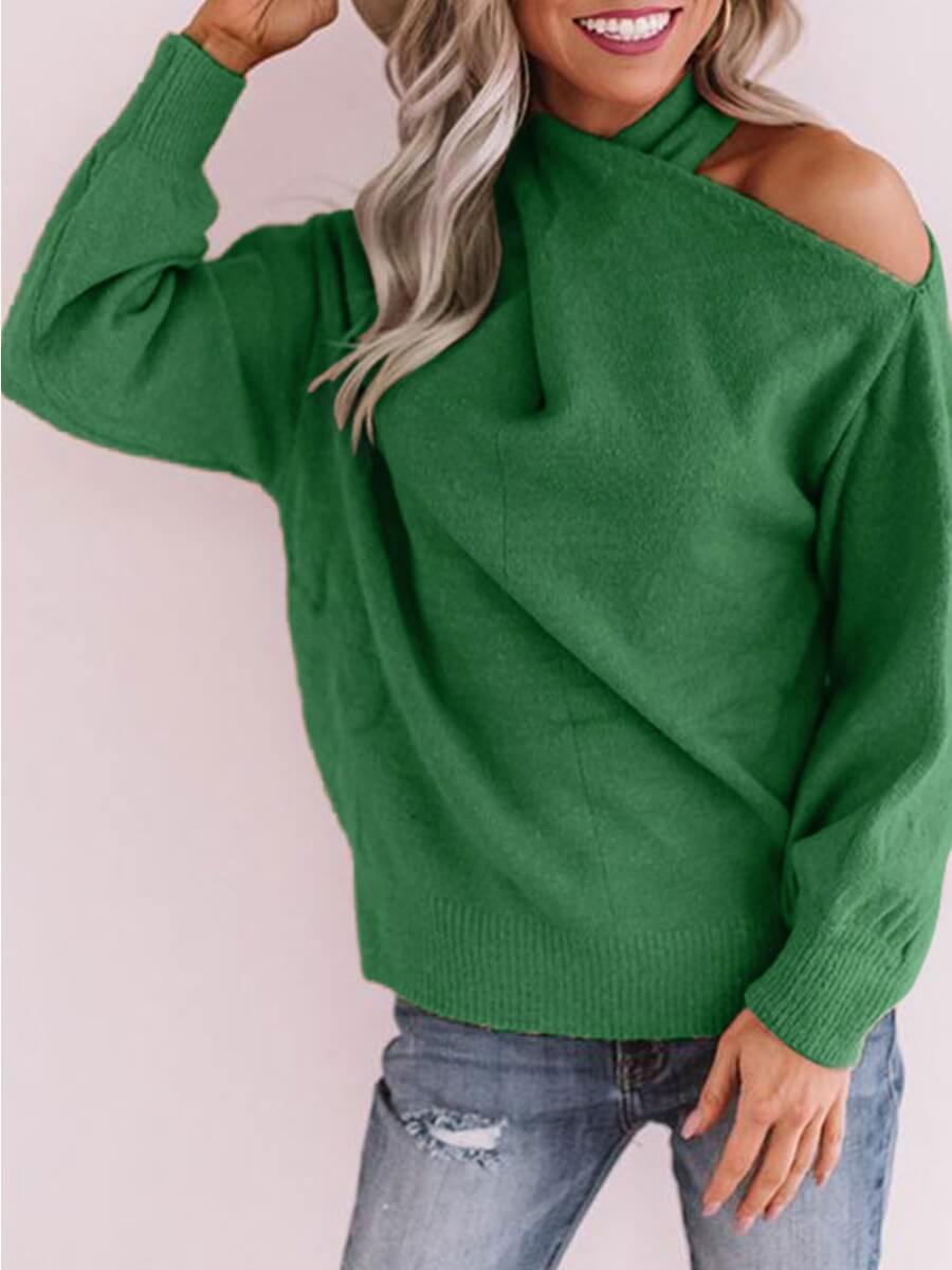 

Lovely Chic Cold Shoulder Cross-over Design Green Sweater