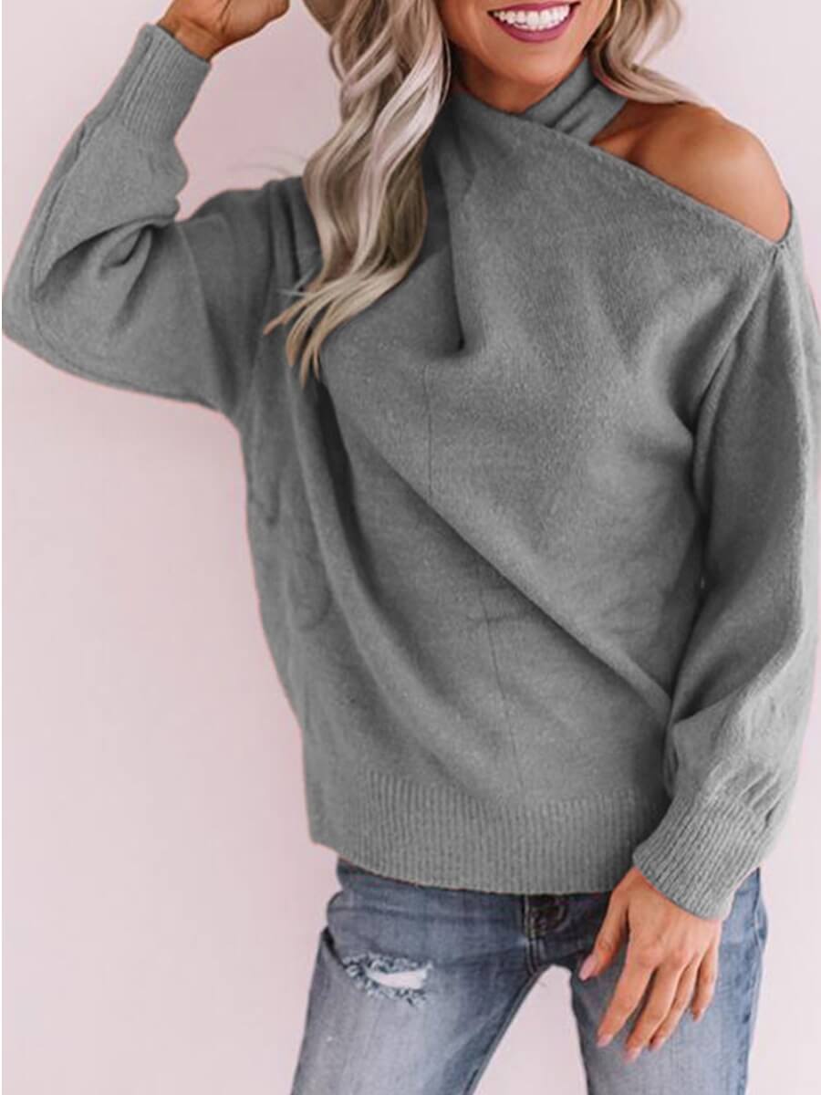 

Lovely Chic Cold Shoulder Cross-over Design Grey Sweater