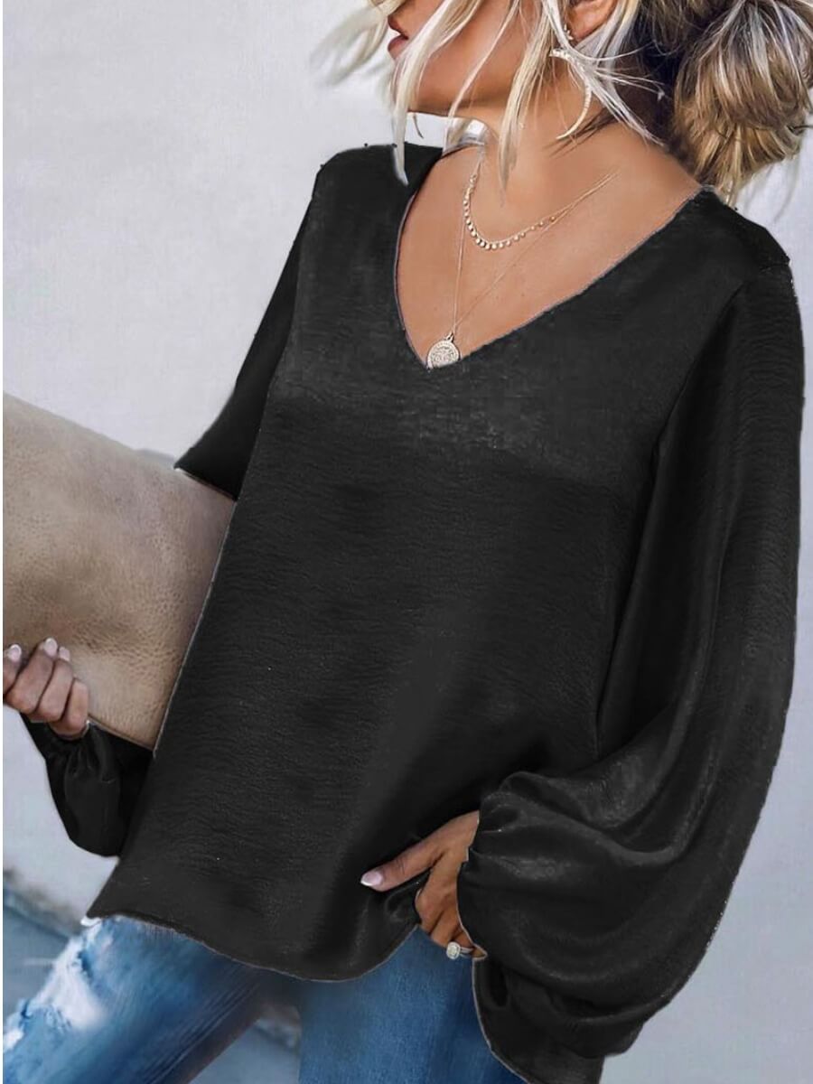 

Lovely V Neck Loose Black Blouse