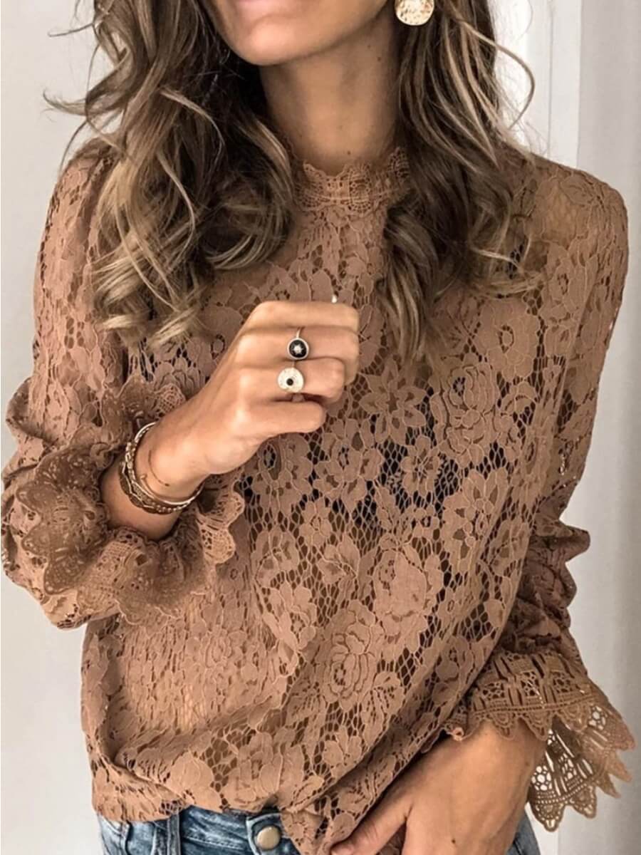 

Lovely Sweet O Neck Hollow-out Brown Blouse